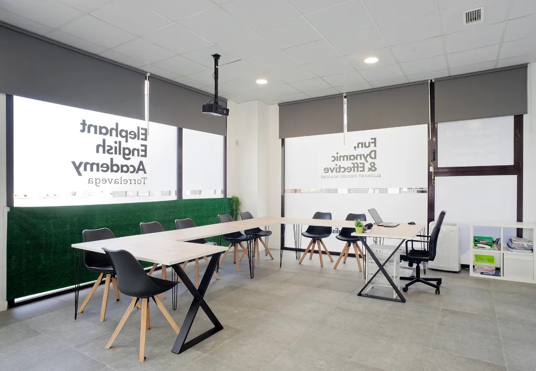 Elephant English Academy classroom — oak tables, green grass wall, Torrelavega